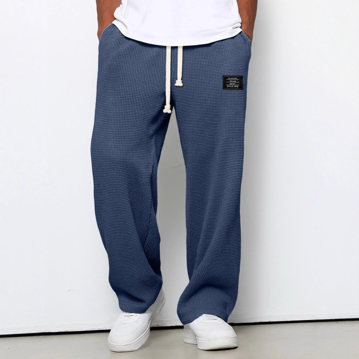 Waffle Straight Pants Fashion Brand Loose Loose Drawstring Pockets Trousers Casual Men's Clothing