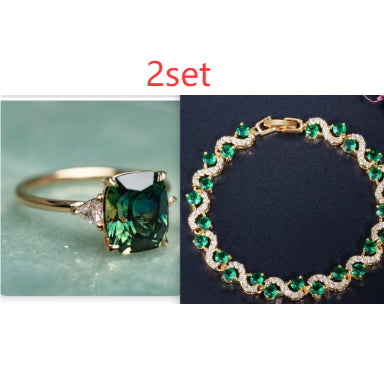 European And American Fashion Retro Inlaid Square Green Gem Four-claw Ring Engagement Ring Inlaid