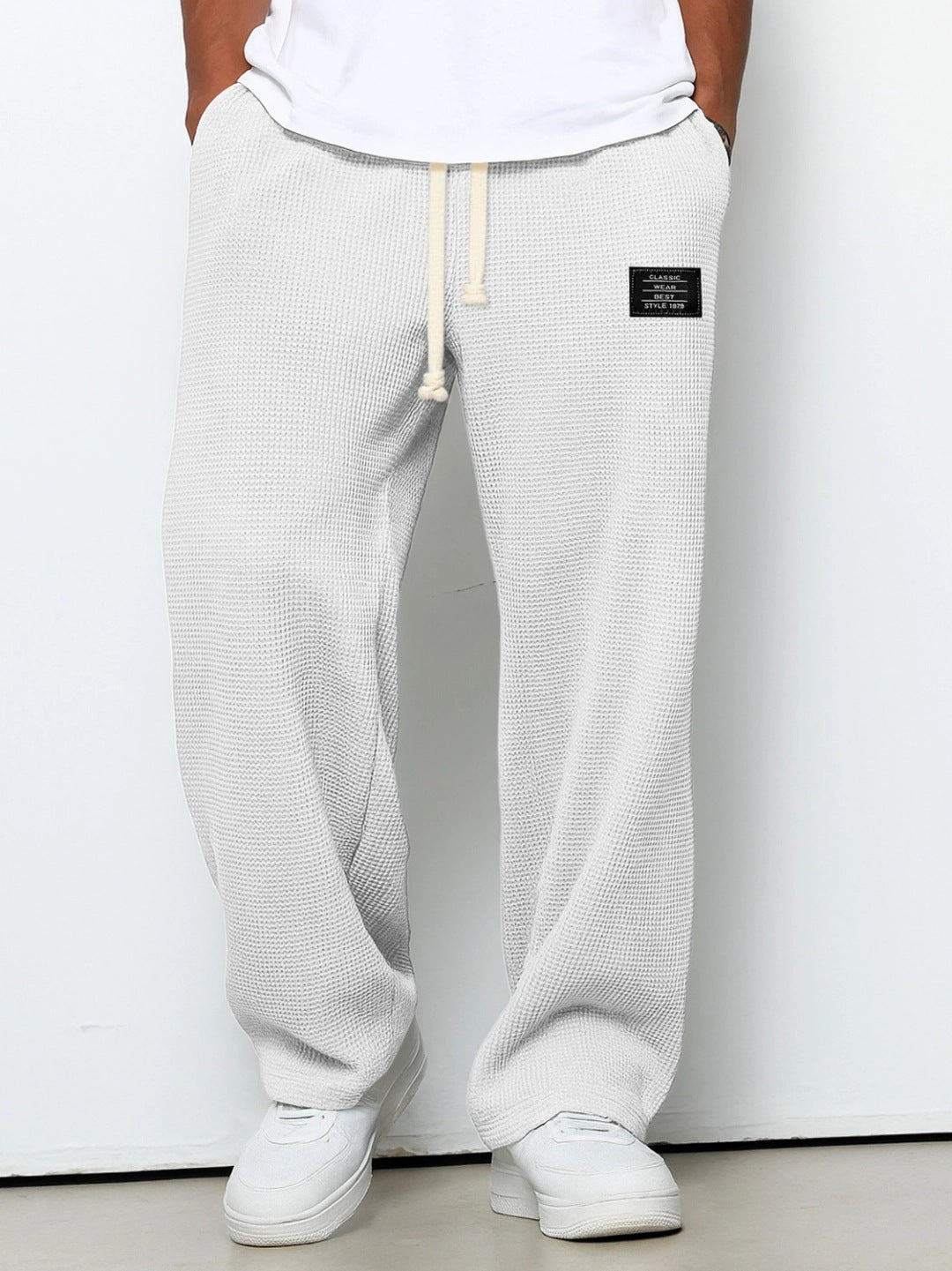Waffle Straight Pants Fashion Brand Loose Loose Drawstring Pockets Trousers Casual Men's Clothing