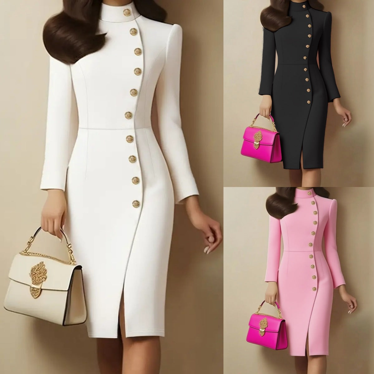 Fall Fashion Long Sleeve Stand-up Collar Slim Fit Metal Button Split Dress