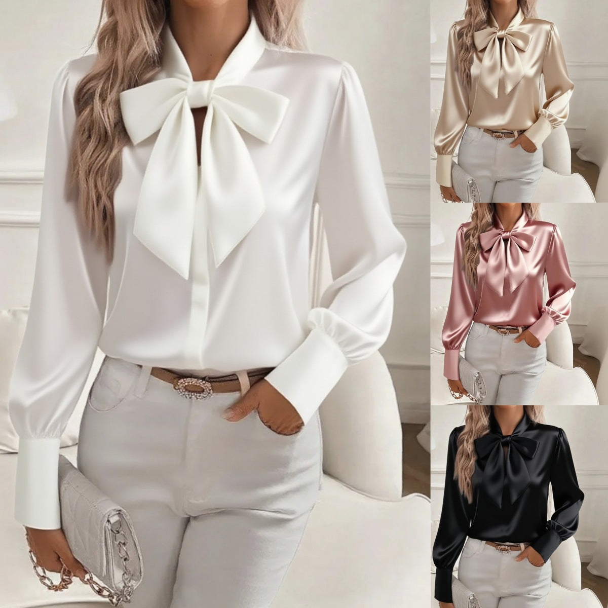 Bow-tie Blouse Fashion Commuting Lace-up Pullover Long-sleeved Top Women's Clothing