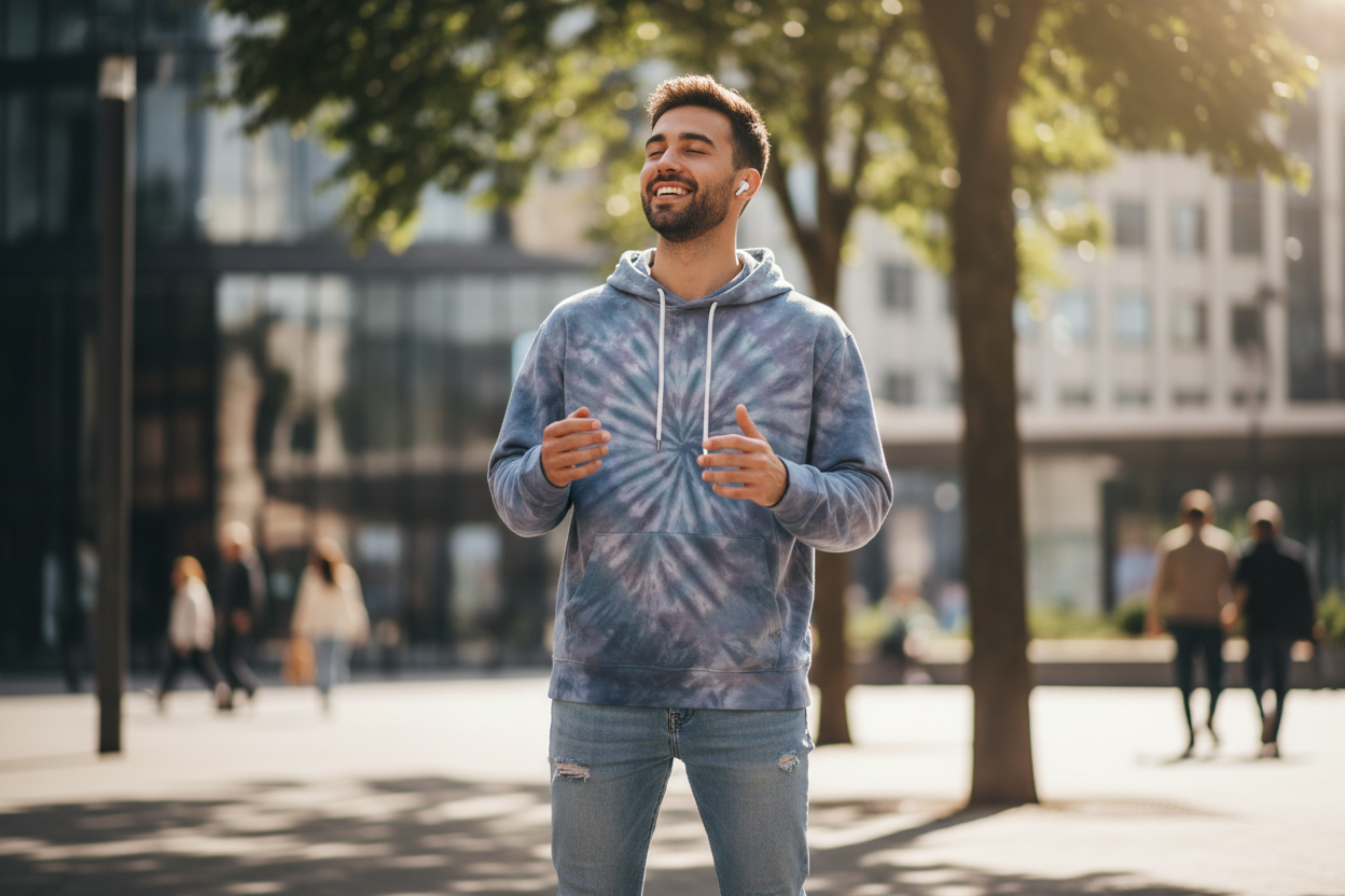 a young man using earpod vibing
