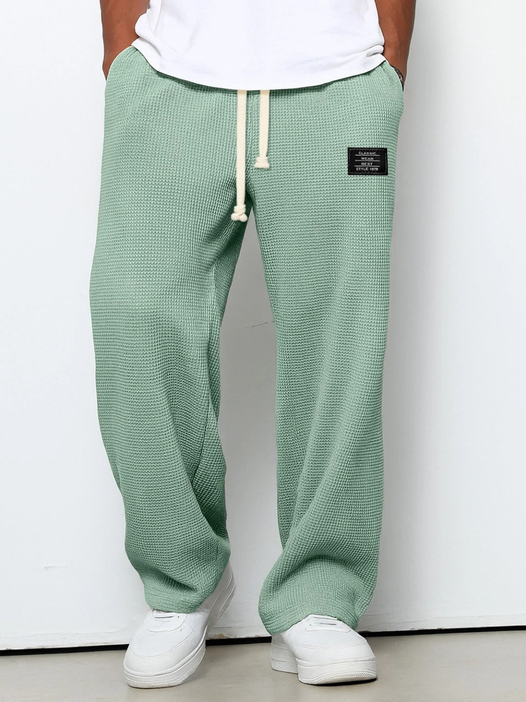 Waffle Straight Pants Fashion Brand Loose Loose Drawstring Pockets Trousers Casual Men's Clothing