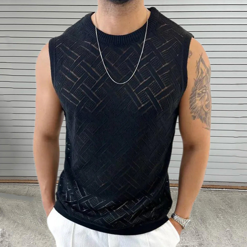 SpringSummer Knitted Mens Crew-Neck Sleeveless Hollow-Out Top