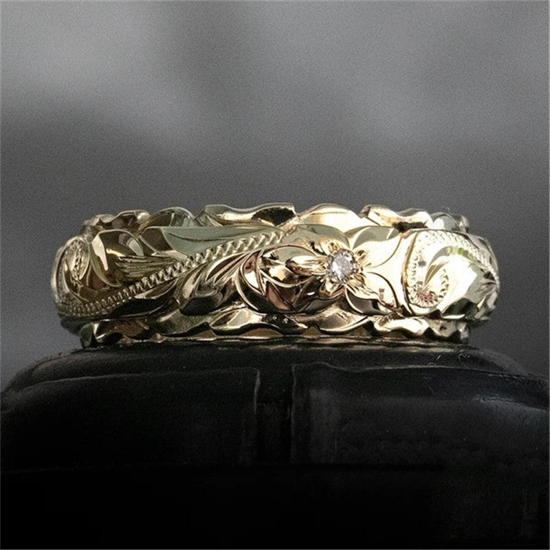 14k Yellow Gold Suspended Carved Rose Flower Ring