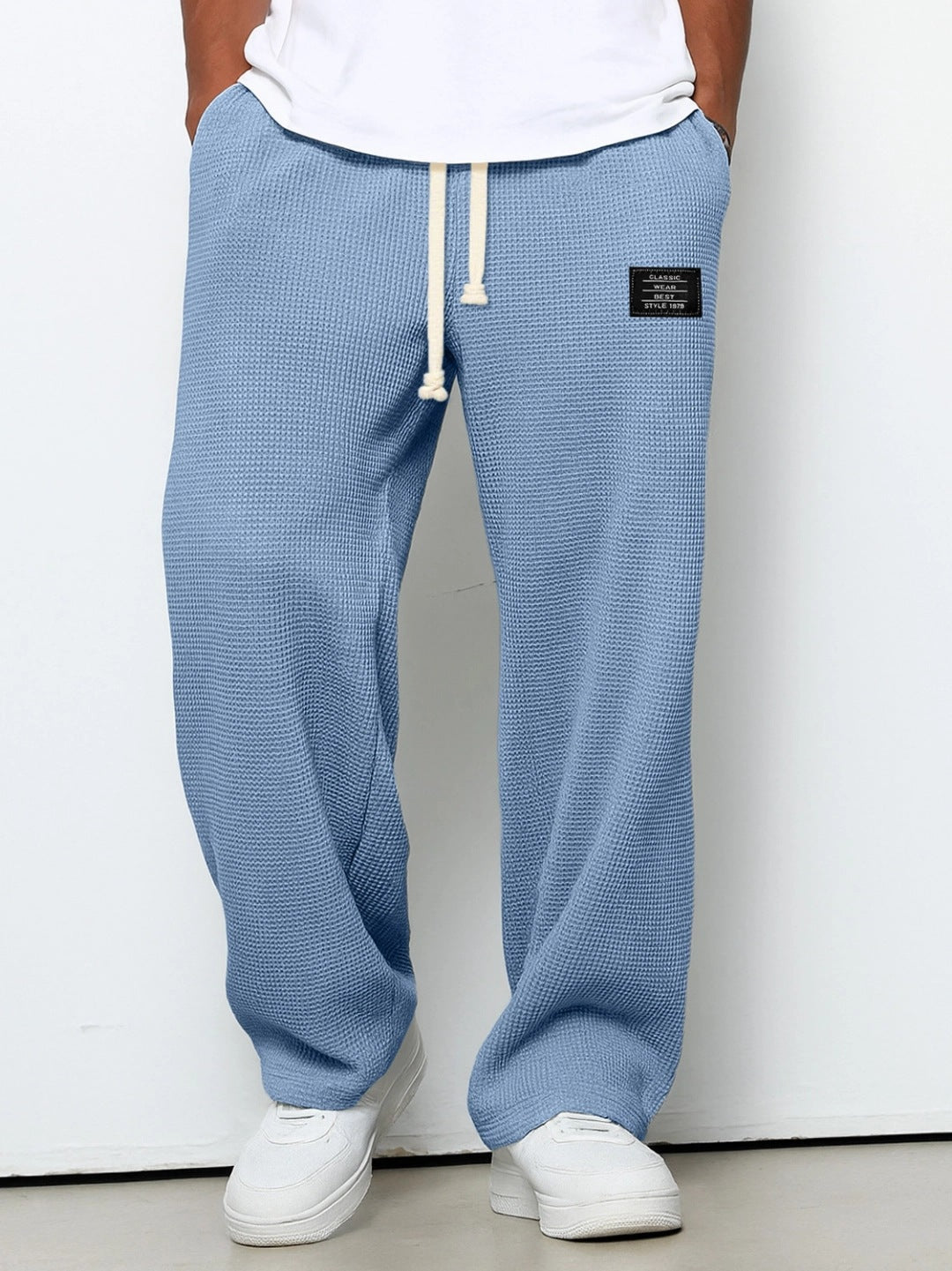 Waffle Straight Pants Fashion Brand Loose Loose  Drawstring Pockets Trousers Casual Men's Clothing