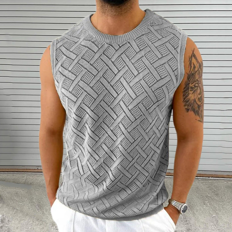SpringSummer Knitted Mens Crew-Neck Sleeveless Hollow-Out Top