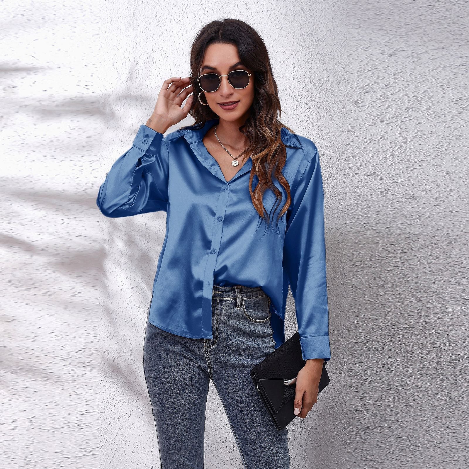 Women's Solid Color Satin Satin Long Sleeve Blouse