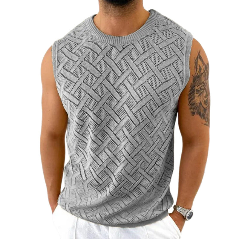 SpringSummer Knitted Mens Crew-Neck Sleeveless Hollow-Out Top