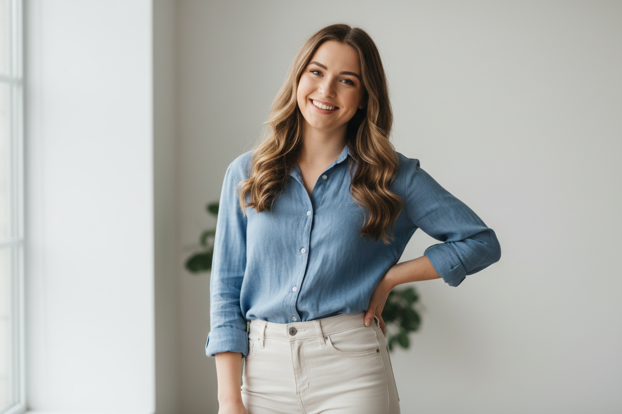 A white young lady smiling standing and little pose